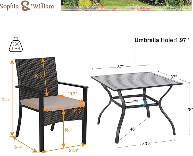 Sophia & William 5 Pieces Patio Dining Set with 9 ft Beige Patio Umbrella, Outdoor PE Rattan Chairs and Square Metal Table Set with Cushions and 1.57" Umbrella Hole for Poolside Porch Backyard