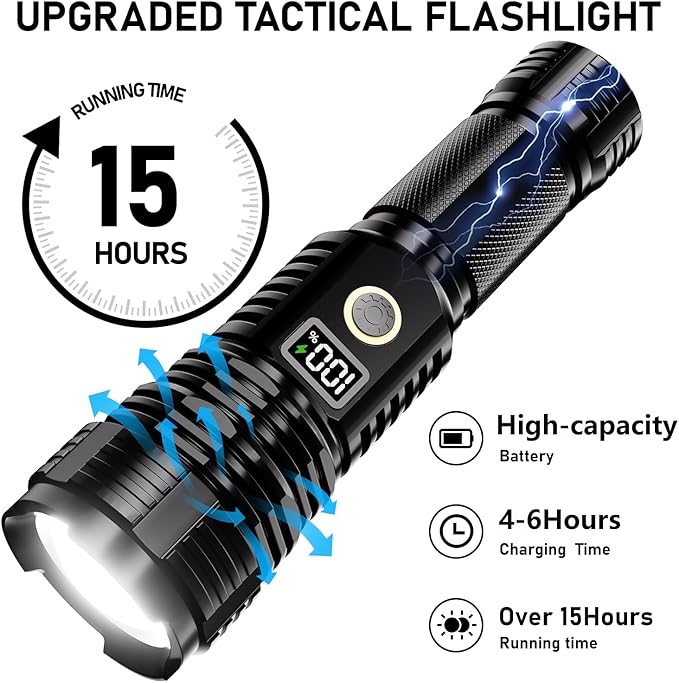 Flashlights High Lumens Rechargeable, 10000LM LED Super Bright Flash Light, Zoomable Linternas with LCD Digital Display, 5 Mode, Waterproof, Powerful Tactical Flashlight for Emergencies Camping Gift