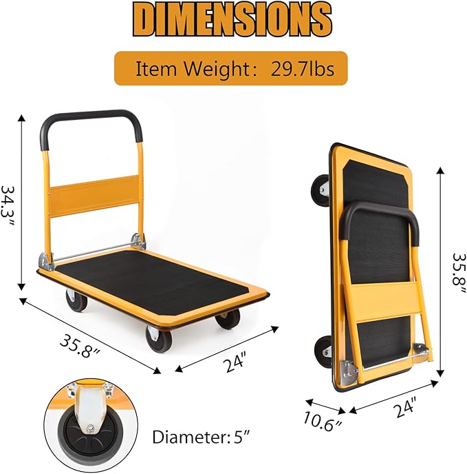 LEADALLWAY Platform Truck Large Size 880lbs Heavy Duty Foldable Push Cart 35.8x24x34.3inches Yellow