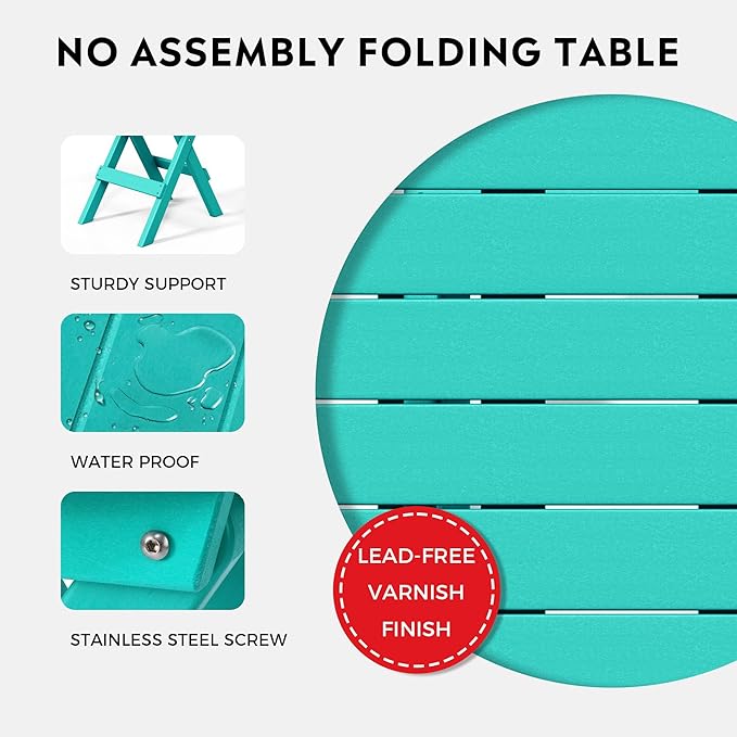 Costaelm Paradise HDPE Outdoor 24.5 Inch Round Portable Folding Patio Dining Table, Turquoise