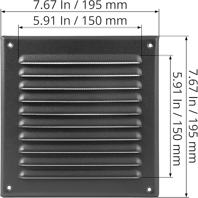 Square Ventilation Grille / 6" x 6" Inch Inside Measurement/Black Metal Air Vent Louver - Inside/Outside use - / 7.7" x 7.7" Inch Outer Measurement