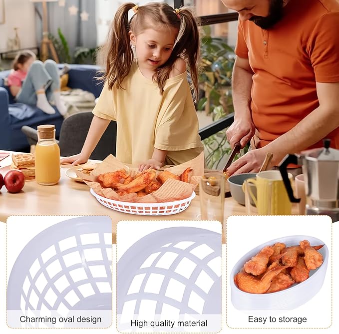 20 Pack Plastic Fast Food Baskets, 8.8" × 5.5" Small Oval Restaurant Serving Baskets Tray for Burgers, Sandwiches, Hot Dogs, Parties, Food Trucks, Reusable or Disposable, Stackable(White)