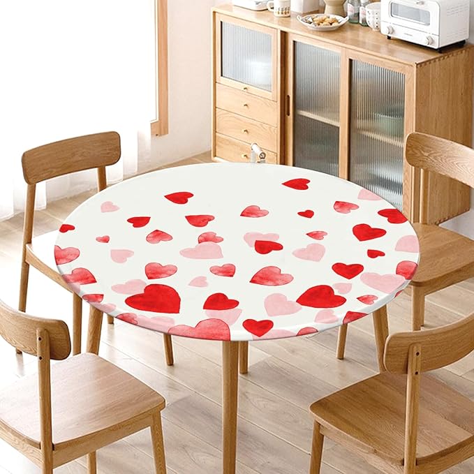 Valentines Day Round Fitted Tablecloth with Elastic Pink Red Love Heart Circle Table Cloth for 36-40" Round Tables Wipeable Waterproof Washable Valentine Table Cover for Picnic Dining Party Decor