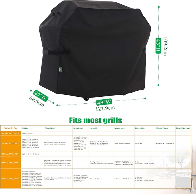 F&J Outdoors Grill Cover Waterproof UV Resistant for 2 Burner Charcoal Gas BBQ, 48Wx27Dx43H in,Black