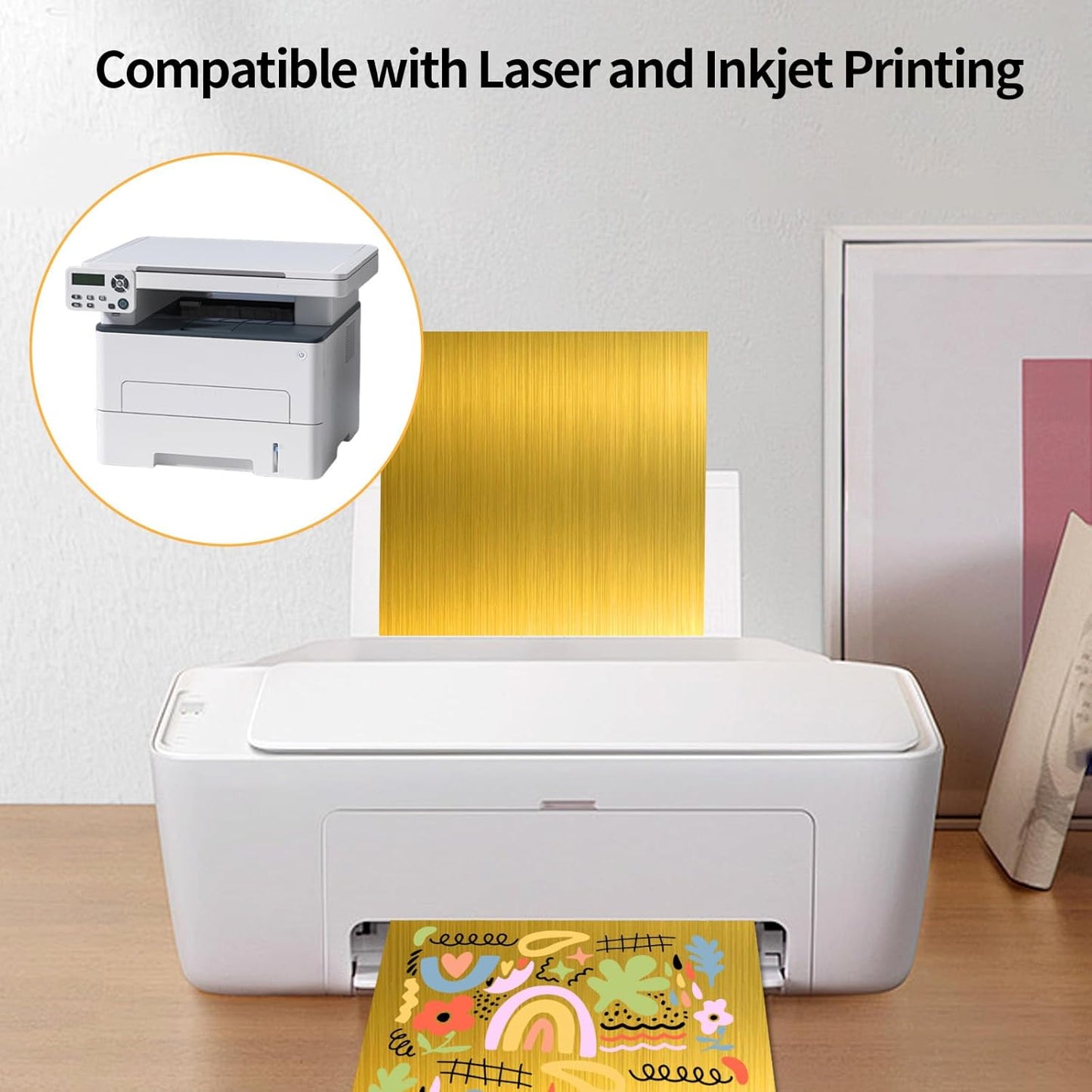 Gold Printable Sticker Paper, 20 Sheets Printable Holographic Gold Sticker Paper, Laser/Inkjet Printing-Letter Size (8.5" x 11")