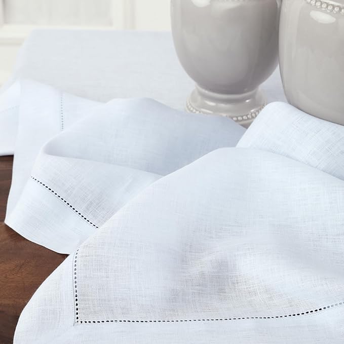 Solino Home Linen Light Blue Table Runner 144 Inches Long - 100% Pure Linen Extra Long Table Runner 14 x 144 Inch for Winter, Spring, Easter - Classic Hemstitch