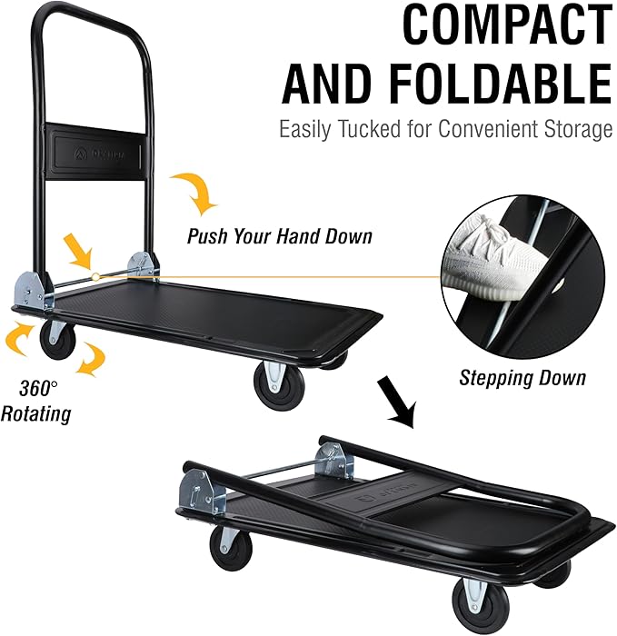 Olympia Tools Foldable Push Cart Dolly - 330 Lb. Capacity Heavy Duty Platform Truck with 360° Swivel Wheels (Olive Green/Blue)