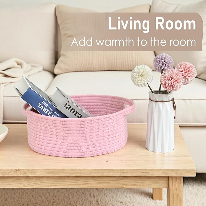 Woven Basket,Small Rope Storage Bin with Handles & Ribbon Bag, Organizer for Shelves Closets,Gift Basket Empty for Birthday,Books,Dog Toys, Pink/3 Pack