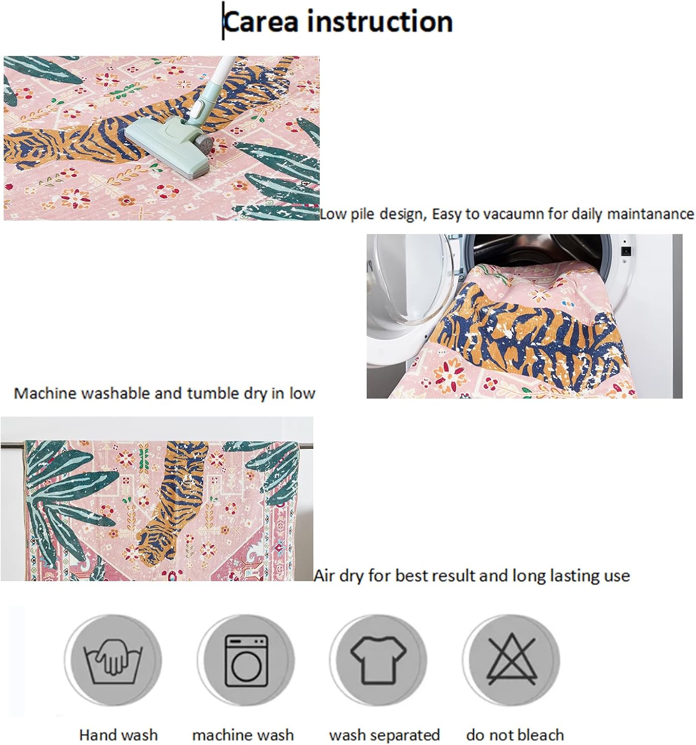 Washable Pink Rugs Boho Vintage Tropical Jungle 8x10 Area Rugs Tribal Oriental Carpet for Bedroom Kitchen Dining Living Room Office Distressed Indoor Cute Nursery Rug