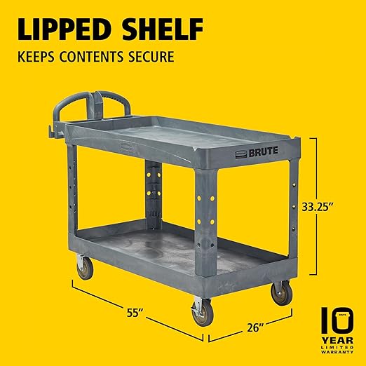 Rubbermaid Commercial Products BRUTE Heavy Duty 2-Shelf Utility/Service Cart, Large, Lipped Shelves, Ergonomic Handle, 750 lbs. Capacity, Black, for Warehouse/Garage/Cleaning/Maintenance/Stadiums