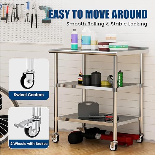 Stainless Steel Work Table with Wheels, 24x36 Inch NSF Food Prep Table with Backsplash & 2 Adjustable Undershelves for Commercial Kitchen, Restaurant, Garage