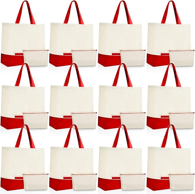 Sanwuta 24 Pcs Canvas Tote Bags Bulk with Zipper Cosmetic Bags 18.5" Cotton Canvas Bag with Handles Reusable Shopping Bags