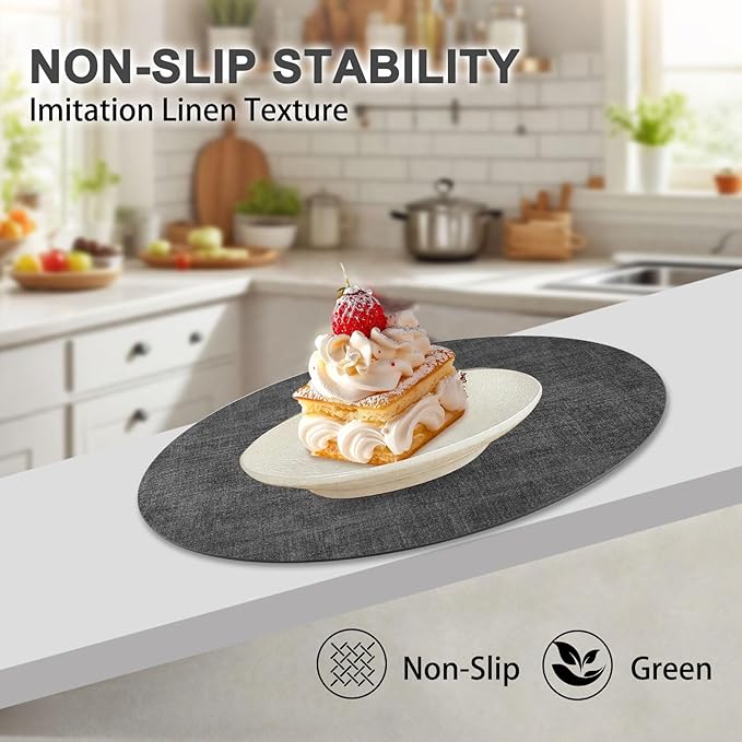 Round Faux Leather Placemats and Coasters, Set of 8, Reversible Heat Resistant Non-Slip Table Mats, Waterproof Wipeable Place Mats for Dining Table, Washable for Indoor & Outdoor (8, Dark Grey)