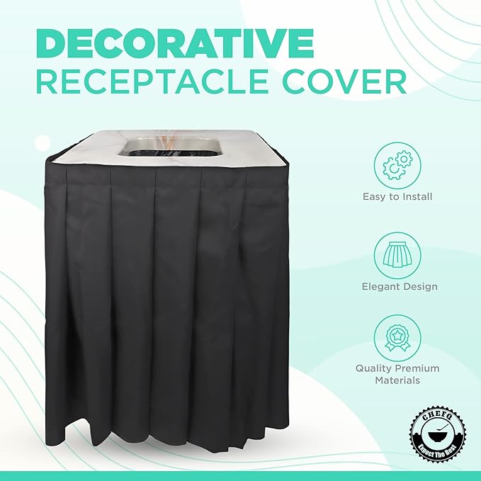 Marble Design Square Garbage Can Cover - Solid Pleated Skirt Topper for 32-35 Gallon Indoor Trash Bins - Black Skirt