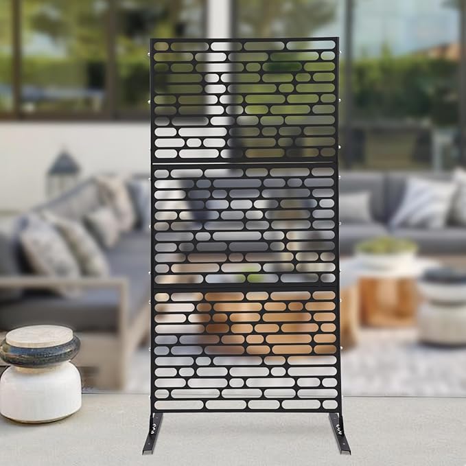 Outdoor Metal Privacy Screen with Stand, 35.4" W x 75" H Freestanding Metal Slatted Decorative Privacy Screen and Panels for Patio Garden Balcony Porch (Black Rounded Rectangle)