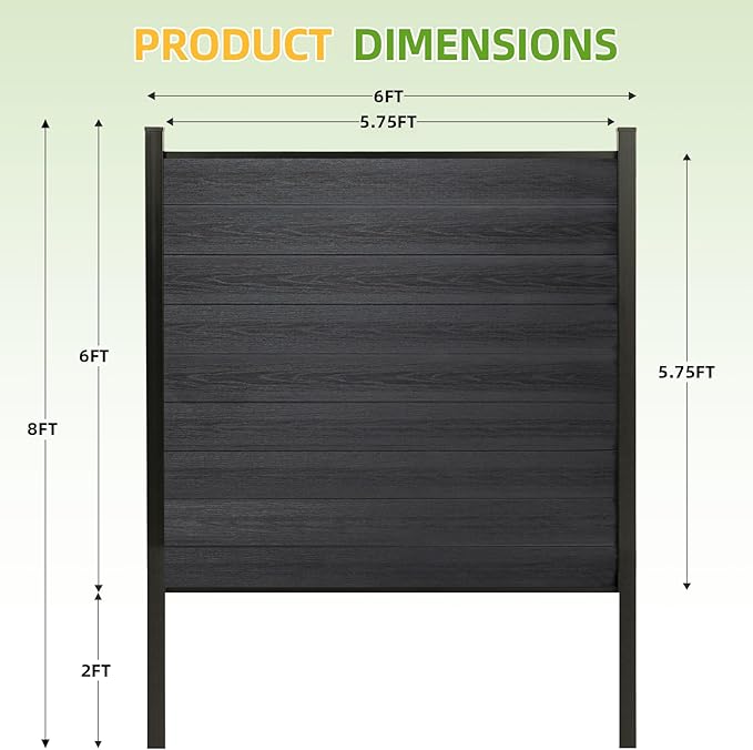 Mondaria Fence Privacy Screen with 8ft In-ground Posts, 6ft(H) x12ft(W) Wood Plastic Composite Fence Panels Weather-Resistant Outdoor Fence for Backyard/Garden (Black, 3 Posts)