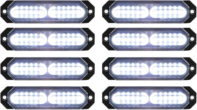 ASPL 8pcs Sync Feature Ultra Slim 12-LED Surface Mount Flashing Strobe Lights for Truck Car Vehicle LED Mini Grille Light Head Emergency Beacon Hazard Warning Lights (White)