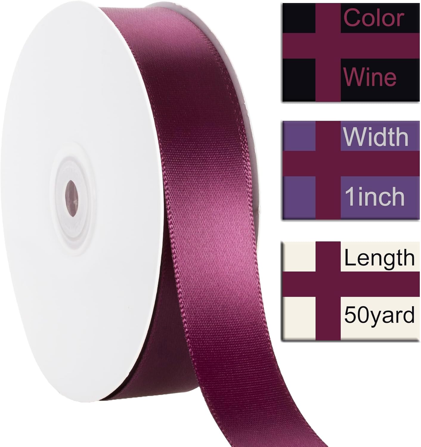 1 Inch Wine Ribbon, 50 Yards Craft Polyester Satin Ribbon Perfect for Gift Wrapping, Handmade Roses, Wedding Party Decorations and DIY Crafts