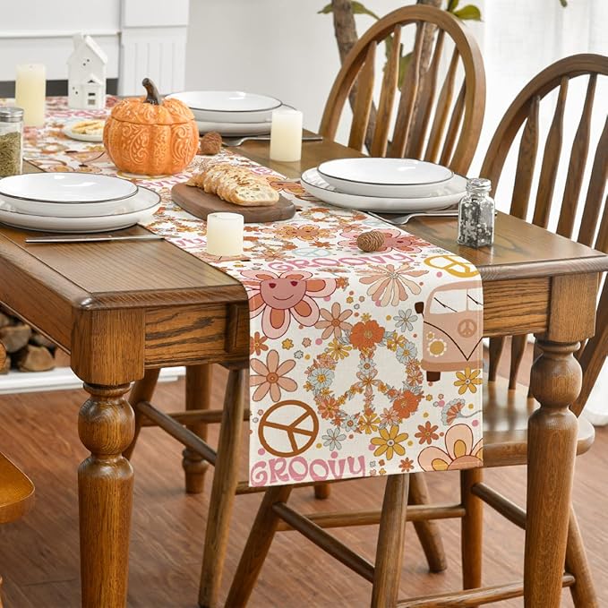 Artoid Mode Daisy Flower Peace and Love Table Runner, Wreath Float Groovy Kitchen Dining Table Decoration for Outdoor Home Party 13x72 Inch