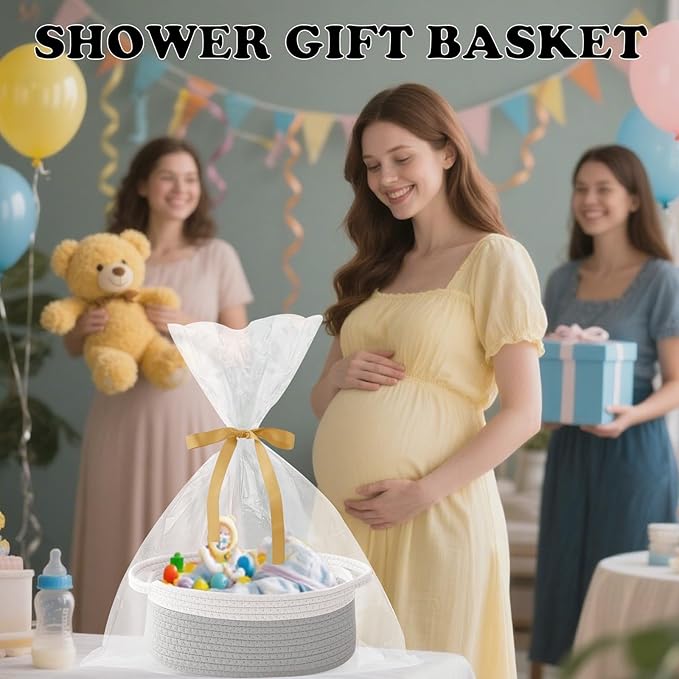 Gift Basket with Gift Bag and Ribbons,Small Rope Woven Shelf Storage,Baskets for Gifts Empty,Birthday,Baby Shower,Decorative Organizer Box with Handles(White&Grey)