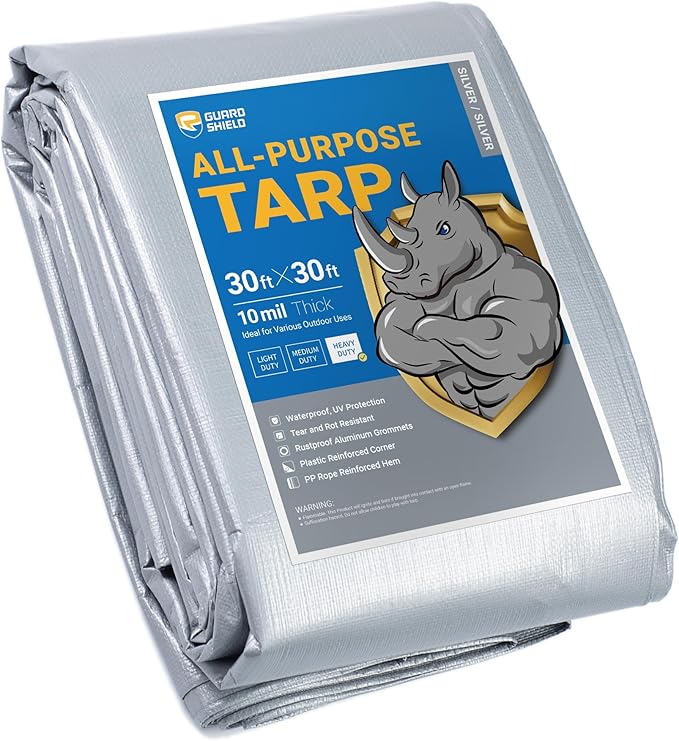 GUARD SHIELD Heavy Duty Tarp 30x30 Feet Silver Multi Purpose Thick Waterproof Poly Tarp Cover 10mil