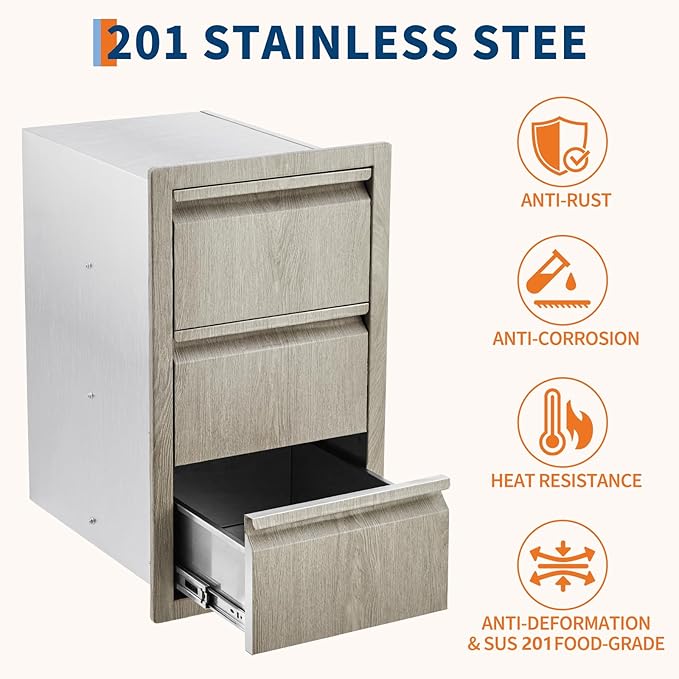Stainless Steel Outdoor Kitchen Triple Drawers 14.7" W x 18.5" D x 24.5" H - Heavy Duty with Handles, Weather-Resistant Flush Mount for BBQ Island, Patio Grill & Outdoor Cooking Space