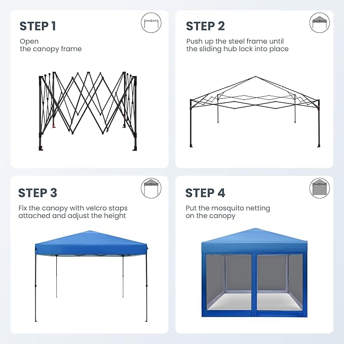 PHI VILLA 10 x 10 Pop Up Canopy Tent with Netting, Instant Gazebo, Ez up Screen House Room with Carry Bag, Height Adjustable, for Outdoor, Garden, Patio,Blue