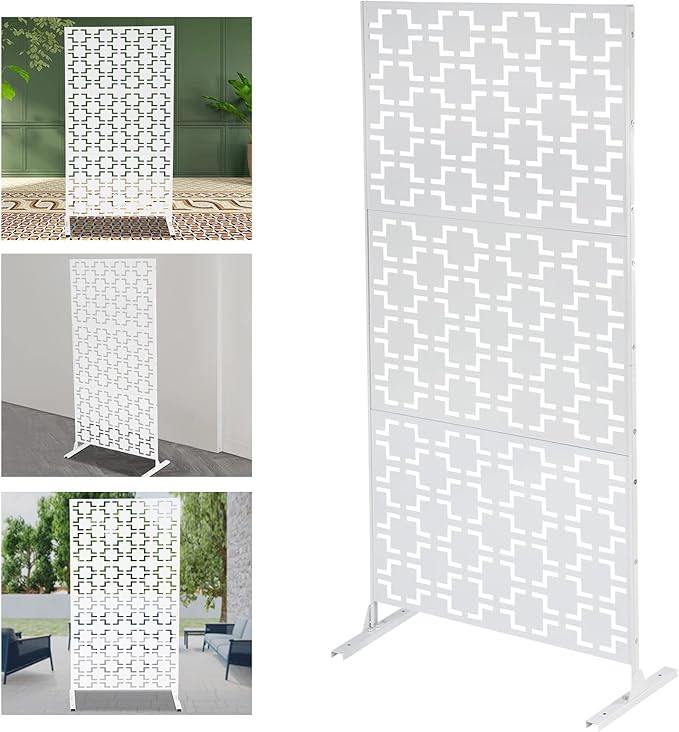 Outdoor Metal Privacy Screen with Stand, 35.4" W x 75" H Freestanding Metal Slatted Decorative Privacy Screen and Panels for Patio Garden Balcony Porch (White B)