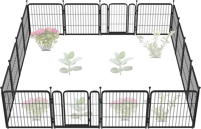 FXW Garden Fence Outdoor for The Yard – 24in(H) x 30.4ft(L) Heavy Duty Metal Animal Barrier for Dog and Rabbit, Decorative Dog Fence, 16 Panels, Black