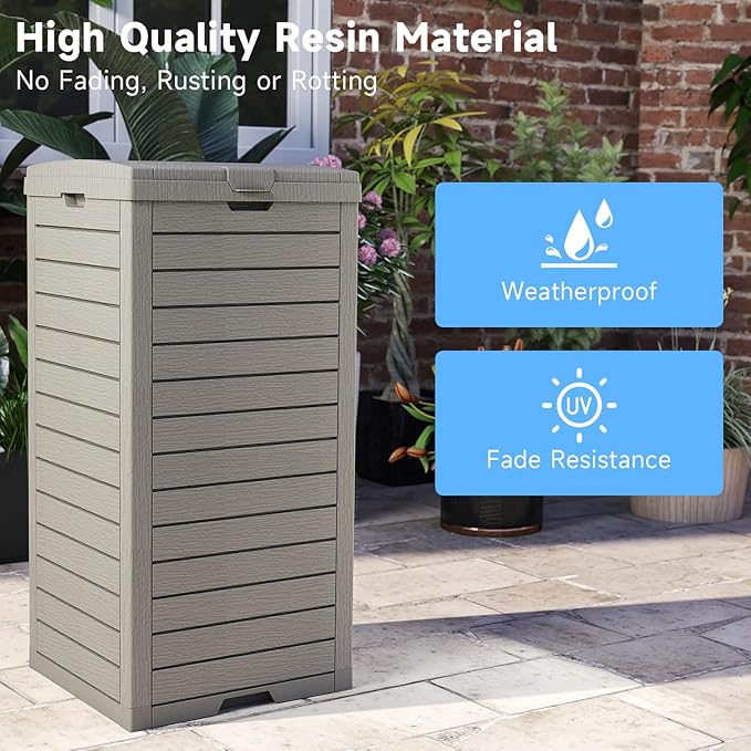 38 Gallon Outdoor Trash Can with lid,Waterproof,UV-Resistant Resin Garbage Can,Lockable Lid and Drip Tray,Trash Bin for Patio,Kitchen, Backyard and Deck(Grey)