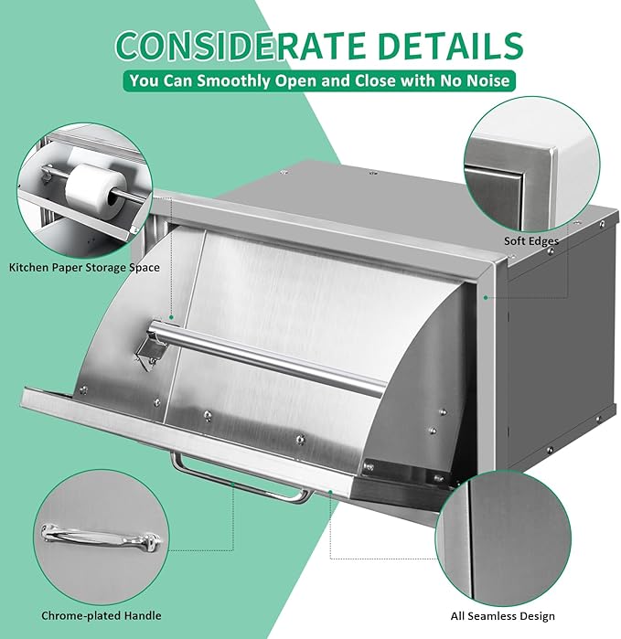 Outdoor Kitchen Drawers 16" W x 10" H x 10" D Stainless Steel Paper Towel Drawers with Ergonomic Handle for BBQ Island, Patio Grill Station & Outdoor Kitchen Cabinets