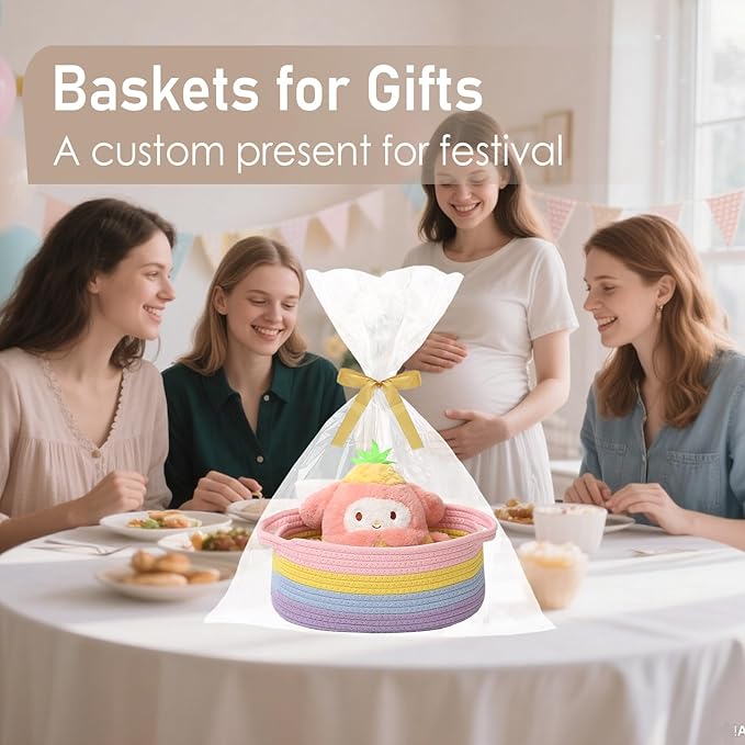 Woven Basket,Small Rope Storage Bin with Handles & Ribbon Bag, Organizer for Shelves Closets,Gift Basket Empty for Birthday,Books,Dog Toys, Rainbow/2 Pack