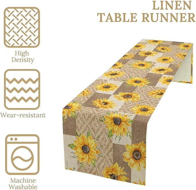 Farmhouse Sunflower Table Runner, Rustic Vintage Linen Patchwork Summer Yellow Floral Table Cover for Bithday Party Home Kitchen Dining Room Decor, 13x60inch