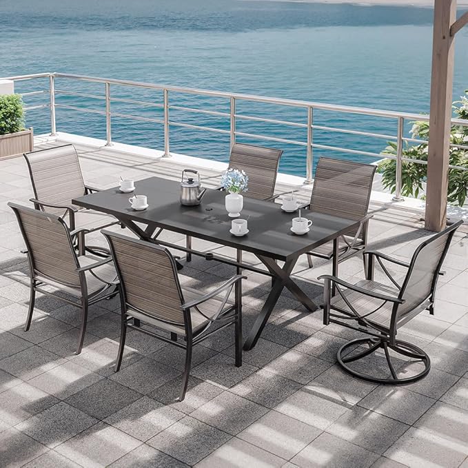 Kurapika 7-Piece Patio Dining Set, Outdoor Large Table with Umbrella Hole, 4 Stationary Chairs and 2 Swivel/Rocking Chairs, Patio Furniture Set for Garden, Deck, Porch, Pool All Weather, Brown