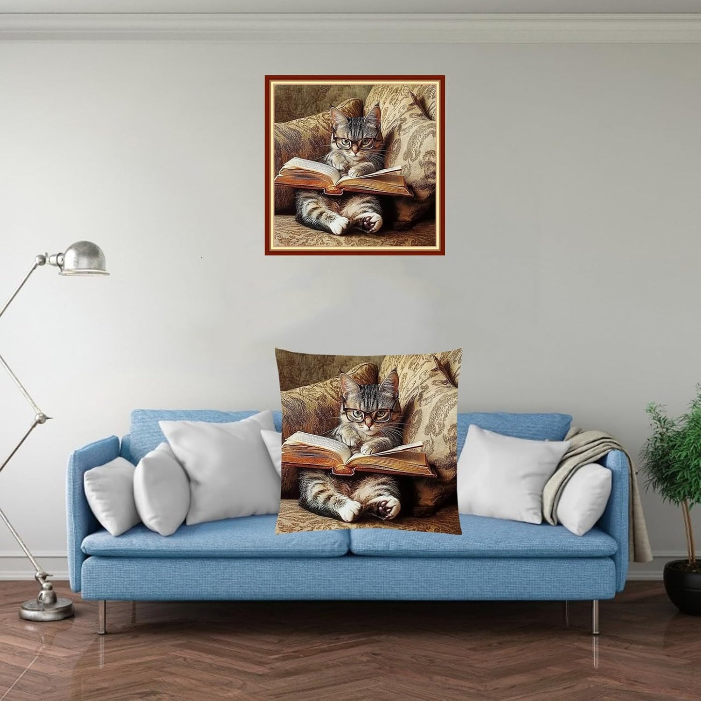 Stamped Cross Stitch Kits for Adults Beginners Pillow Needlepoint Kit with Embroidery Pattern Needlework Kit Prestamped Stitches Kit 11CT Cross Stitching-Cat Reading 18x18 inch