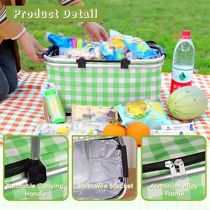 Insulated Picnic Basket Cooler Bag with Leak-Proof Liner, 26L Large Capacity for 12 Adults, Picnic Basket with Sturdy Handles for Outdoor Activities, Travel, Beach, Camping (Green)