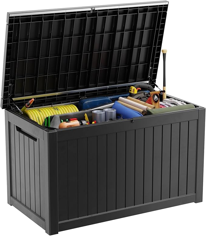 281 Gallon Outdoor Storage Box Waterproof, Large Resin Patio Deck Boxes, Lockable Outdoor Storage Container for Patio Furniture, Garden, and Pool Tools (281 Gallon, Black)