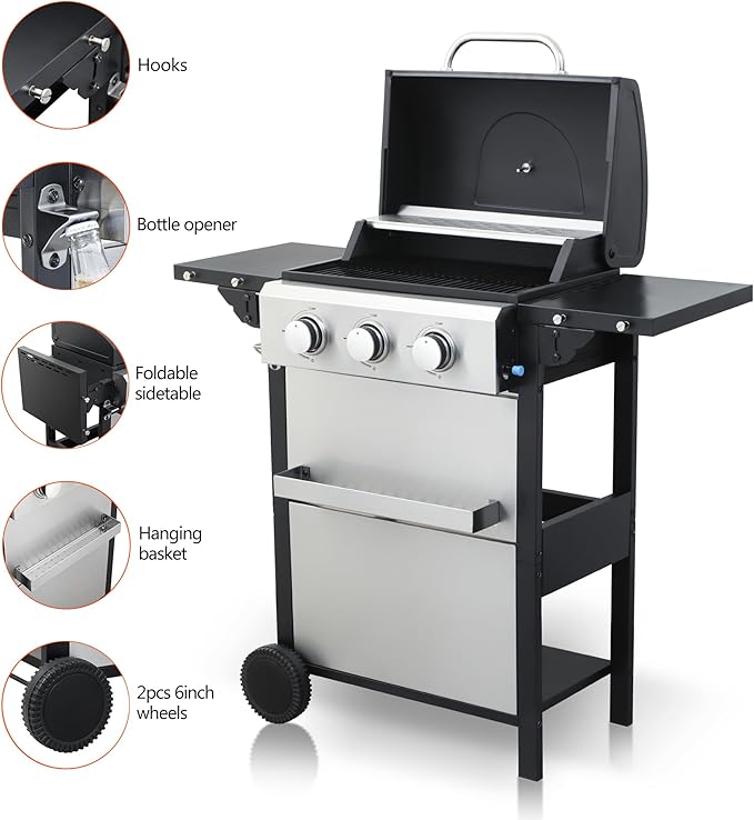 3-Burner Propane Gas BBQ Grill with Side Burner, 25650 BTU Output With Enameled Cast Iron Cooking Grids For Outdoor Barbecue, Stainless Steel