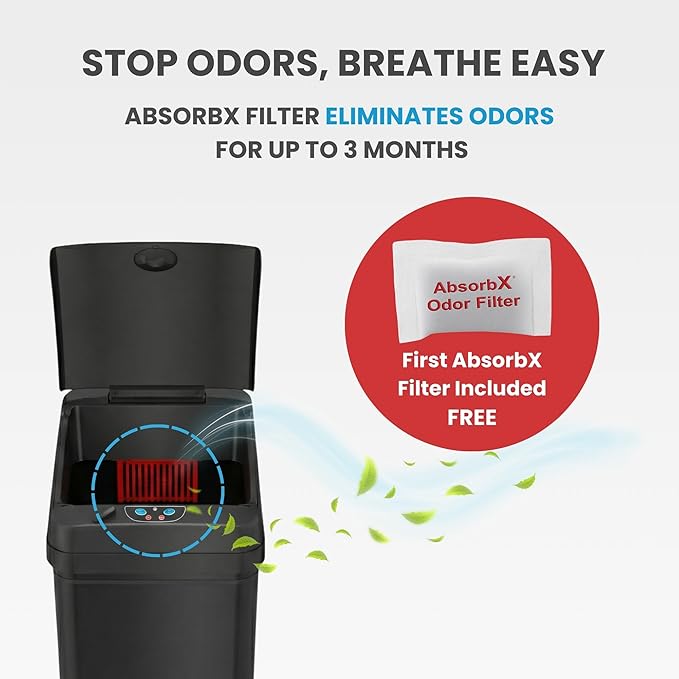 iTouchless 50 Liter / 13 Gallon Kitchen Trash Can with Lid & AbsorbX Odor Filter – Motion Sensor Matte Black Stainless Steel Garbage Bin for Home, Office, or Garage – Slim, Large Capacity Design