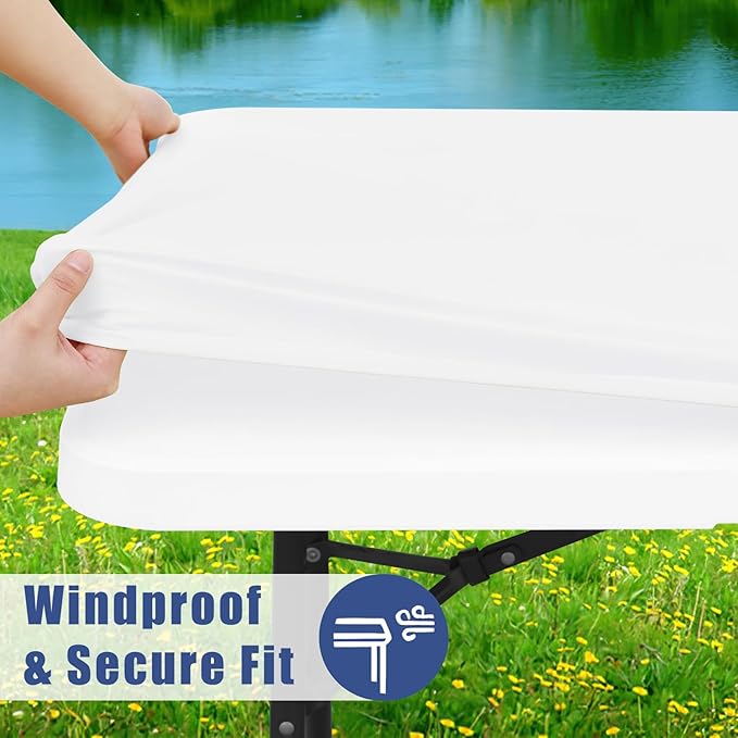 Spandex 8 Foot Rectangle Table Cloth 6 Pack, Elastic Fitted Tablecloths for Picnic, Stretch Washable Patio Table Cover for Outdoor, Camping, Banquet and Parties (White, 30"x96")