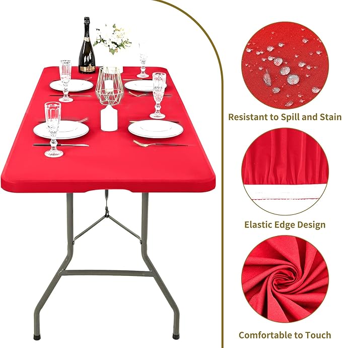 6 Pack Stretch Fabric Table Top Cap Cover, fits 8' Tables, Spandex Table Covers Washable Elastic Universal Rectangle Tablecloth Protector for Indoor Outdoor Party Picnic Wedding, Red, 30" W x 96" L