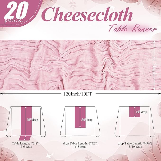 20 Packs Cheesecloth Table Runner 10FT Long Boho Gauze Fabric Table Runner Vintage Rustic Sheer Runners for Wedding Party Bridal Baby Shower Table Decorations (Light Pink)