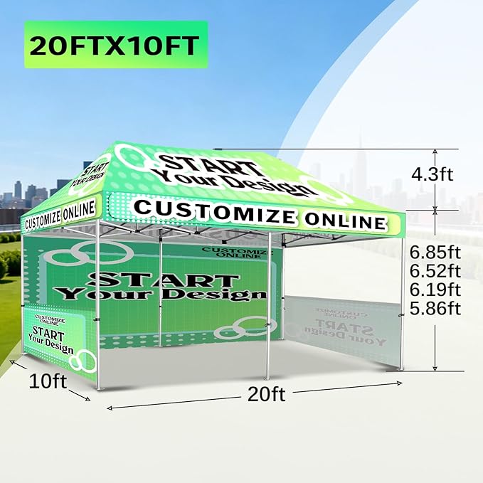10x20FT Custom Pop Up Canopy Tent with Logo Personalized Trade Show & Event Heavy Duty Aluminum Folding for Outdoor Markets, Business Branding Advertising (Top Canopy+1 Full Wall+2 Half Walls)
