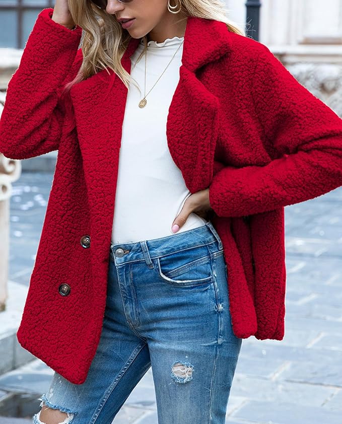 Women's Winter Warm Plush Cardigan Fuzzy Fleece Lapel Jacket with Buttons Pockets Long Sleeve Casual Outerwear