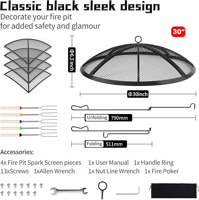 Fire Pit Spark Screen, Outdoor 30 Inch Round Fire Pit Screen with Foldable Hook and Fire Safety Gloves, Heavy Duty Steel Mesh Fire Pit Cover, Fire Pit Lid for Backyard, Beach, RV Camping