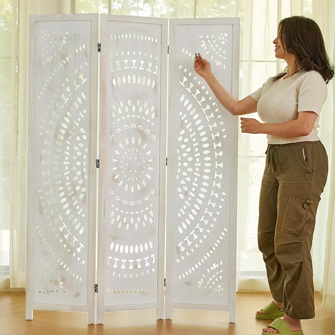 Room Divider Wood Carved Wall Divider Indoor Folding Bohemian Style Portable Partition Screen for Home Office Garden Terrace - 3 Panels (Antique, White-Washed)