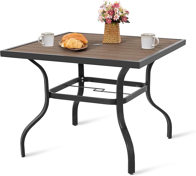 NUU GARDEN Outdoor 37” Square Metal Dining Table, Patio Dining Table with Umbrella Hole, Powder-Coated Metal Table with Faux Wood Tabletop, for Patio, Garden, Backyard and Balcony, Black