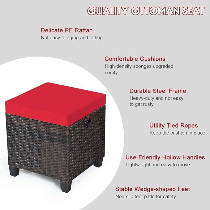 Tangkula 2 Pieces Outdoor Patio Ottoman, All Weather Rattan Wicker Ottoman Seat, Patio Rattan Furniture, Outdoor Footstool Footrest Seat w/Removable Cushions