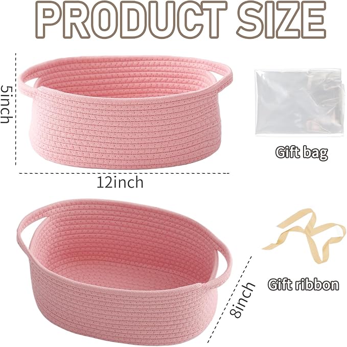 Woven Basket,Small Rope Storage Bin with Handles & Ribbon Bag, Organizer for Shelves Closets,Gift Basket Empty for Birthday,Books,Dog Toys, Pink/2 Pack