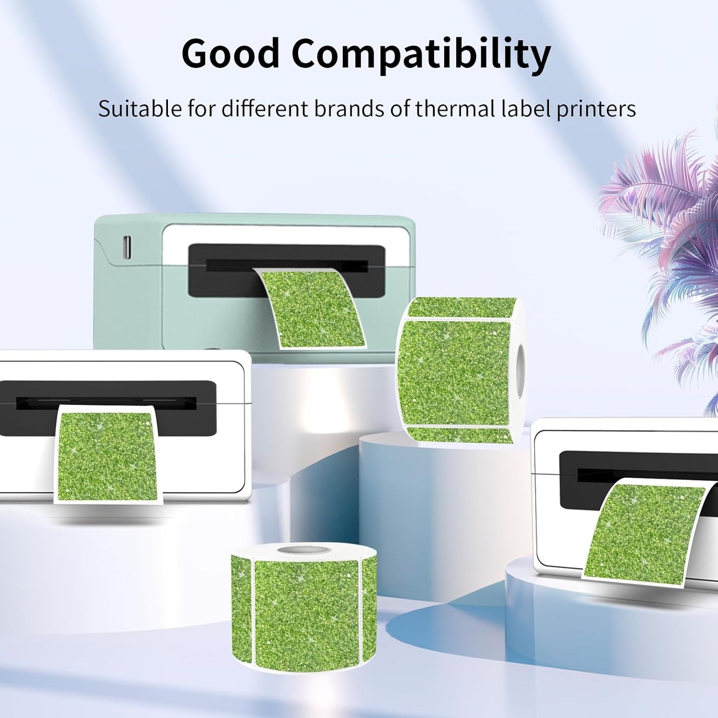 Square Holographic Thermal Labels Stickers, 2" x 2" Thermal Stickers Labels, Waterproof Glitter Direct Thermal Printer Label for Small Business- Holographic Green